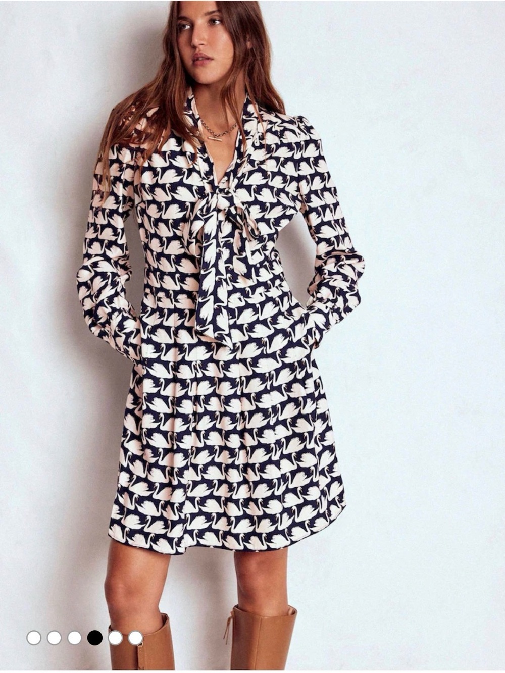 Boden Tie Neck Short Dress-French Navy, Geo Swan